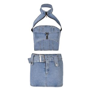 European and American Fashion Denim Suit Summer New Spice Girls Halter Slim Short Top with Culottes Two-piece Set Woman