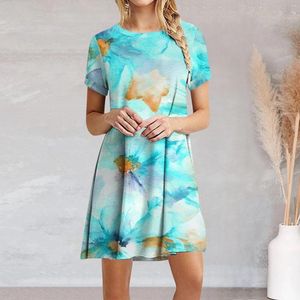 Vestidos casuais camisa vestido para mulheres 2023 senhoras verão babados manga curta estampada gola redonda solta vestidos de verão