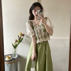 レディースTシャツOUMEA WOMEN SUMMER MATCHING SET CROCHET BOTTONSフロントブラウスミディスカートフレンチスタイルシックオープンワークトップパフスリーブ230620