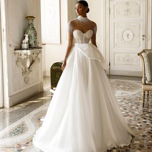 Luxuriöse Perlen-A-Linie-Hochzeitskleider, durchsichtige Langarm-Land-Brautkleid, Fliege, Dekoration, Braut-Empfangskleid