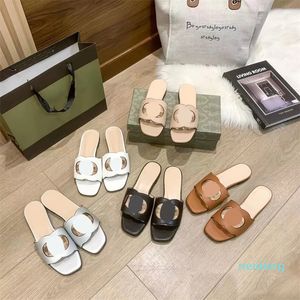 Women Cut-out Slipper Sandals Leather Flat Fashion Rubber Summer Beach Flip Flops Embroidered Platform Mules With Box 35-43