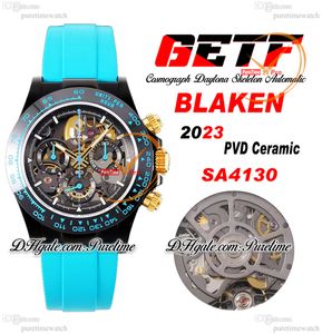 Getf Blaken SA4130 Automatisk kronograf Skeleton Mens Watch PVD Ceramic Bezel Candy Dial 904l Steel Cyan Rubber Super Edition Reloj Hombre Montre Puretime G6