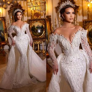 Fashion Sequined Lace Mermaid Wedding Dress Off the Shoulder Crystal V Neck Arabic Trumpet Bridal Gowns Robe de Soiree