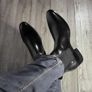 Män Chelse Boots Cow Leather Black Harness Slip On Gentlemen Winter Punk Style Riding Boots