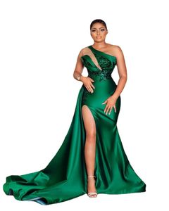 Hunter Green One Shoudler Neckline Evening Dreess High Side Long Sweep rendodos de fiesta Arabic Aso Ebi 무도회 드레스