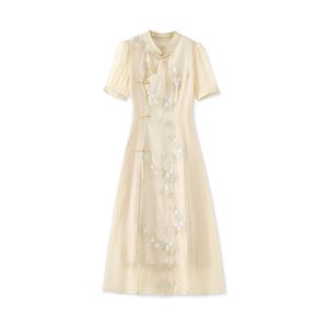 2023 Summer Apricot Solid Color Embroiderydress Short Sleeve Stand Collar Buttons MIDI Casual Dresses W3L049609