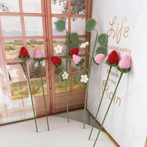 Decorative Flowers 5 Branches Strawberry Artificial Fruits Plants Red Pink Knitting Bouquet DIY