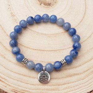 Charm Pulseiras Azul Aventurina Pulseira Elástica Flor de Lótus Buda Yoga Meditação Para Presente Masculino