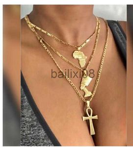 Pendant Necklaces 3pcs Africa Map Cross Nefertiti Pendant Neckle Set For Women Men Color Stainless Steel Set Neckle Egyptian Jewelry J230620