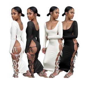 NEW Designer Sexy Hollow Out Dresses Summer Women Long Sleeve Bodycon Dress Solid Bandage Maxi Dress Skinny Elegant Party Club Wear Wholesale Clothes 9959