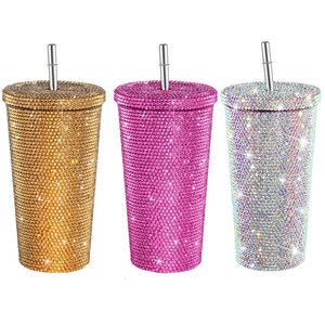 Water Bottles 500ml750ml Bling Diamond Thermos Cup Portable Stainless Steel Straw Glitter Water Mug Thermal Flask for Women Gril 230619