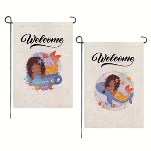 2pcs, Welcome Mermaid Whale Garden Flag 12x18 Inch Double Sided Vertical Linen Yard Flags For Farmhouse Yard Holiday Celebration Outdoor Flags Decor