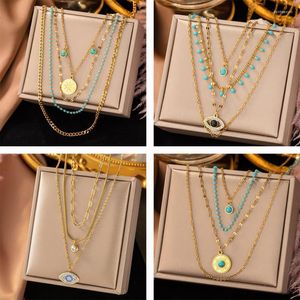 Chains HIYEE Light Luxury Design Bohemian Style Turquoise Pendant Multi-Layer Stainless Steel Non-Fading Necklace Banquet Birthday Gift