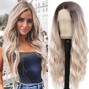 Synthetische Perücken, gewellte Spitzenperücken, synthetische Front, für Damen, langes Frontalhaar, gewellt, brasilianisches Ombre, Schwarz, Blond, Cosplay, 230227