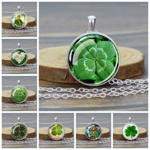 Naszyjniki wisiorek St. Patrick Day Glass Cabochon Naszyjnik Shamrock Clover Clover Slins Amulet Ireland Lucky Green Biżuter