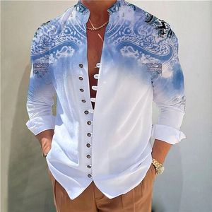 Camisas masculinas casuais primavera e outono 100% algodão linho Camisas masculinas de manga comprida estampadas coloridas gola alta estilo casual plus size