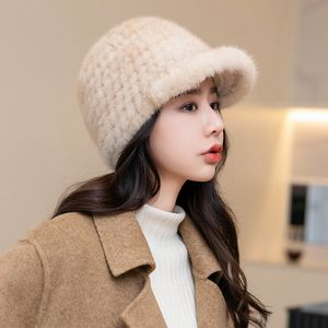 women's Real Mink Fur Hat Peaked Cap Winter Warm Headgear Ski Outdoor Beanie Riding hat