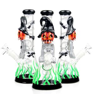 10 Zoll 3D Handbemalung leuchtende Gegenstände Shisha Dab Rig Rauch Wasserpfeife Glaspfeifen coole Bongs Bohrinseln Recycler Bong 14,4 mm Kopf Halloween Kürbis