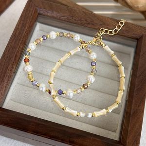 Charm Bracelets Minar Summer Multicolor Crystal Freshwater Pearl Strand Beaded Bracelet For Women Beads Bamboo Joint Elastic