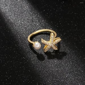 Cluster Rings Fashion Starfish Heart Finger For Women Gold Color Adjustable Creative Pearl Ring Couple Jewelry 2023