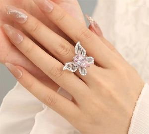Cluster Rings Sweet Cherry Blossom Powder Zircon Hollowed Out Butterfly Ring Female 925 Stamp Party Birthday Gift Wholesale