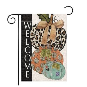 1pc, Fall Welcome Pumpkin Garden Flag ,Patch Leopard Print Double Sided Printing Outside Decor Garden Flag, Garden Lawn Flags Burlap Vertical Yard Decorations