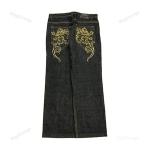 Jeans masculino com bordado gráfico, jeans largos, roupas masculinas de rua vintage, jeans soltos para homens, calças retas casuais jeans masculinas 230620