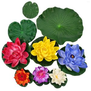 Flores decorativas 9 peças de lótus artificial decoração flutuante para piscina plantas falsas adereços de eva decoração de casamento simulada