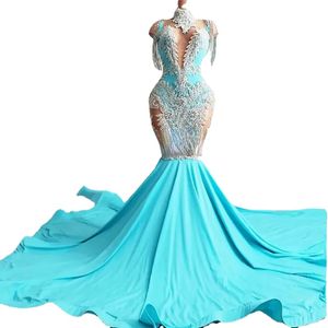 Aso ebi African Mermaid Prom Dresses Blue Appliques Plus Size Black Girls Invinding Dress Tassel Long Formal Party Gown Women vestidos de noche femmeローブ