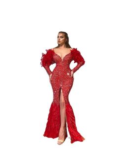 Arabic Red Luxurious Sparkly Sexy Evening Dresses Feather Mermaid Prom Dresses High Split Formal Party Second Reception Gowns