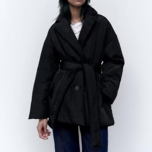 2023 Autumn New Women's Fashion Casual Belt Black Cotton Coat