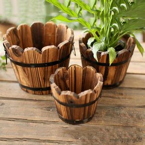 Planters Pots 1PCs Flower Pot Outdoor Wood Brown Round Flat Mouth Hexagon Wave Wooden Planter Barrel Flower Pot Retro Style Garden Pot New R230620