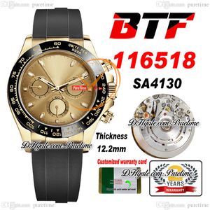 BTF Better SA4130 Automatisk kronograf Mens Watch 904l Steel Yellow Gold Black Ceramic Bezel Champagne Dial OysterFlex Rubber Super Edition Reloj Hombre Puretime