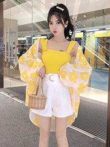 Damskie dresy letnie szorty 3 -częściowe zestawy damskie strój koreańskiego swobodnego dzianiny druk kamizelki z długim rękawem krem ​​przeciwsłoneczny dla kobiet ubranie