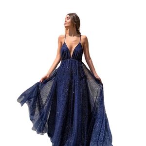 Arabic Dubai Sparkly Sexy Navy Blue A-Line Prom Dresses Deep V-Neck Backless Sequins Formal Evening Party Gowns ogstuff robe de soiree