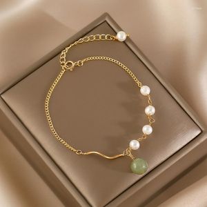 Charm Bracelets Niche Handmade Curved Tube Hetian Jade Pearl Bracelet For Women Simple Luxury Lucky Jewelry Bangles Girlfriend Gift