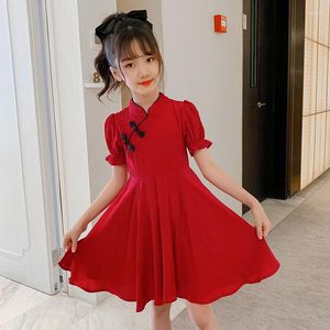 Vestidos de menina 2023 verão crianças meninas sólido chinês vermelho cheongsam qipao princesa adolescente roupas do ano 4 7 8 9 10 12 14 anos