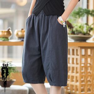 Calça Feminina Yasuk Primavera Verão Feminino Casual Macio Confortável Bandagem Solta Algodão Linho Pernas Largas Curto Estilo Chinês Retro