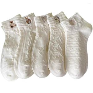 Women Socks 5 Pairs Bear Female Embroidery Anklet Spring And Summer Korean Girls Japanese Cute Ins Tide White