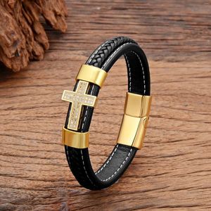 Braccialetti con ciondoli Bracciale croce CZ di lusso personalizzato per uomo Gioielli rock hip-hop Catena in corda intrecciata in pelle Femme Regali per fidanzati