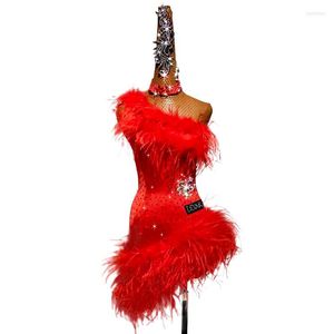 Stage Wear Latin Dance Competition Dress Cha Children Adult Performance Clothing Costume Women Custom Red Feather