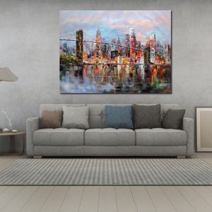 Grande arte astratta su tela Skyline paesaggio New York Brooklyn Bridge Dipinto a mano dipinto ad olio Pezzo per la casa