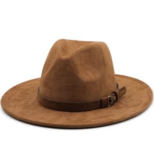 Chapéu Fedora de Camurça Jazz com Cinto Marrom Masculino Aba Larga Cowboy Ocidental Boné de Festa Chapéus de Igreja Feminino Elegante Chapéu de Sol Panamá