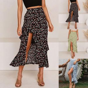 Etekler Çiçek Baskı Uzun Etek Kadınlar 2023 Yaz Boho Elbiseler Kadın Yüksek Düşük Yan Elastik Bel Swing Maxi Plajı