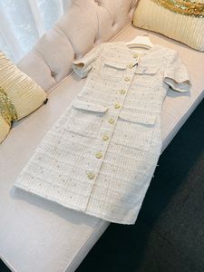 2023 Summer Ivory Single-Breasted Tweed Dress Short Sleeve Round Neck Double Pockets Knee-Length Casual Dresses A3L183336