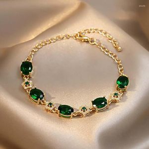 Charm Bracelets 2023 Arrival Trendy Vintage Green Crystal Flower Bracelet For Women Fashion Elegant Gold Color Metal Jewelry Party Gifts