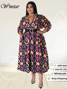 Plusstorlekar WMSTAR Plus -storleksklänningar för kvinnor med Belt V Neck Print Casual Maxi Dress Elegant Fashion Streetwear Wholesale Drop 230620