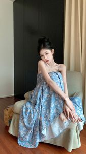 Women beach vacation sexy spaghetti strap blue flowers print beach backless maxi long mermaid desinger dress SM