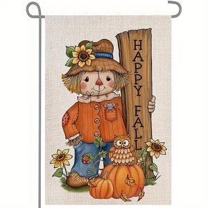 1 пункт, Happy Fall Pumpkin Purcrow Double -Sided Burlap Garden Flags, сезонный День Благодарения за пределами крыльца патио фермерский дом двор открытый декоративные 12 х 18 дюймов