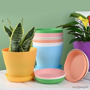 Planters Pots 1pc Resin Plastic Flower Pot With Tray Green Potted Plants Plant Pots Home Garden Balcony Decoration Flower Pots R230620